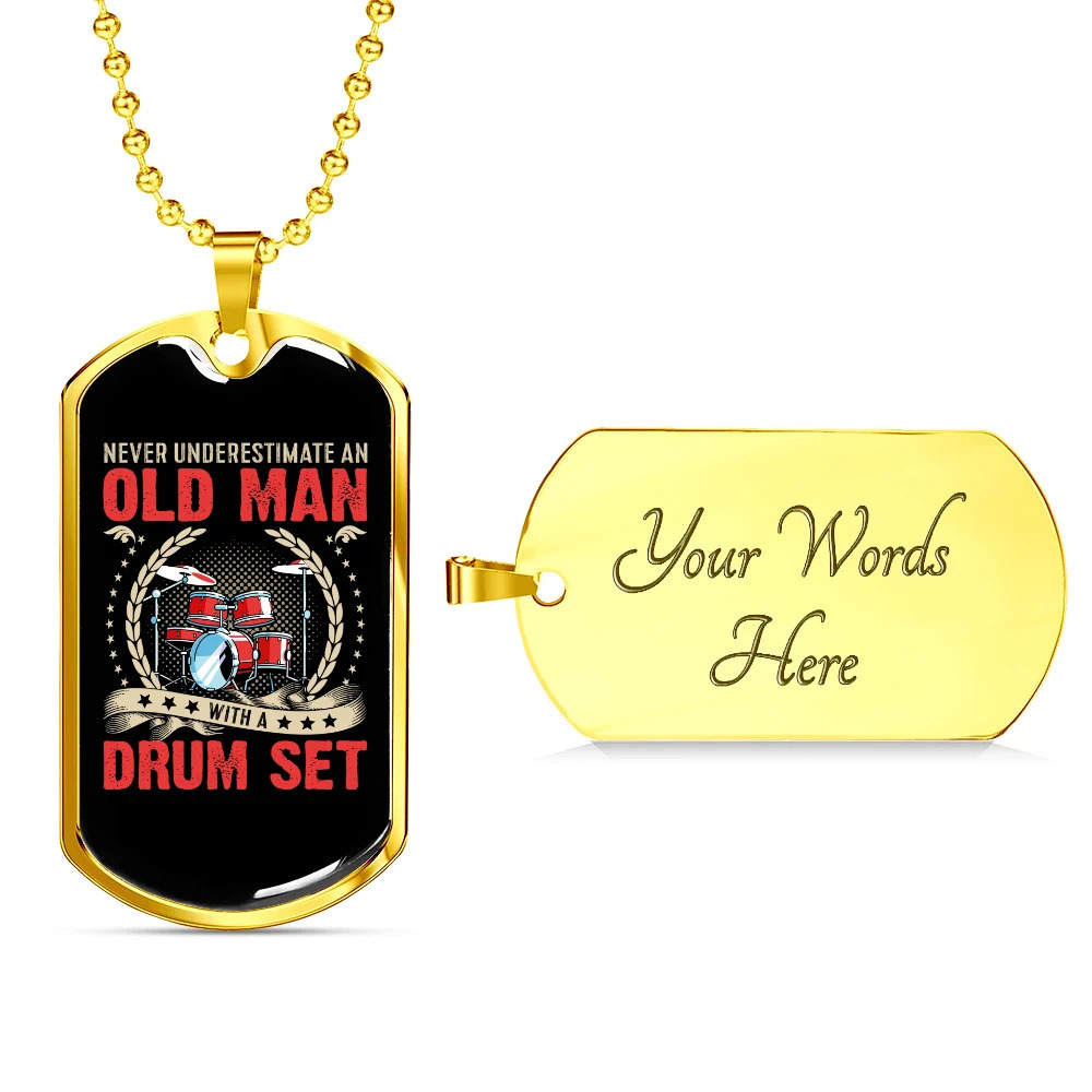 Drummer Necklace Old Man Drumset Red Personalized Engraved Gold Dog Tag Necklac
